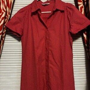 Tiny white polka Dots on a red short sleeve dress, Button down, Midi length, Lg